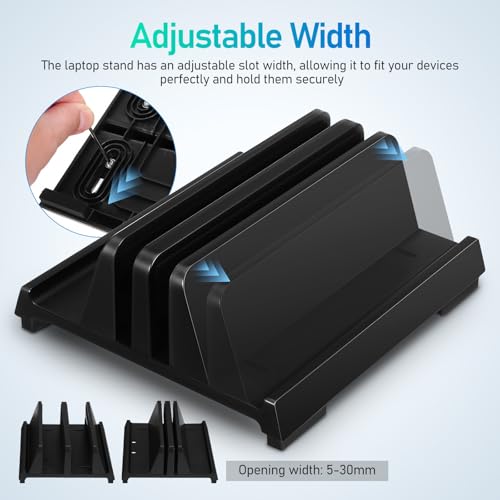 ABOOFAN Adjustable Black Laptop Storage Stand with Dual Slots Upright Laptop Rack Vertical Holder for Office Desk Organizer and Tablets