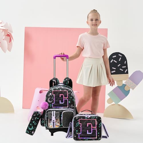 HTgroce Cute Rolling Backpack with Wheel,School Backpack for Kids Girl Roller Schoolbag Wheeled Backpacks Set Carry-on Luggage,Black E - color: Black, style: E
