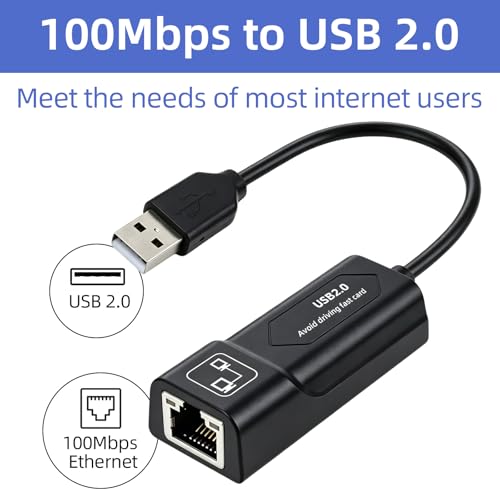 Ethernet to USB,USB to Ethernet Adapter,100Mbps to USB 2.0,Network Adapter for Laptop Computer,Desktop Computer,MacBook Pro,Compatible with Windows, macOS, and Linux