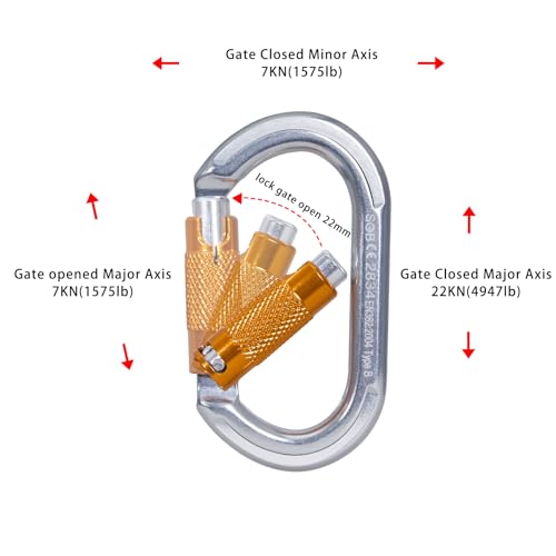 Auto Locking Rock Climbing Carabiner Clips, Heavy Duty Asymmetrical Carabiner Connector Used for Rappelling Rescue Outdoor Climbing, Mountaineer, Hammock, Camping - color: 22KN(3pack)