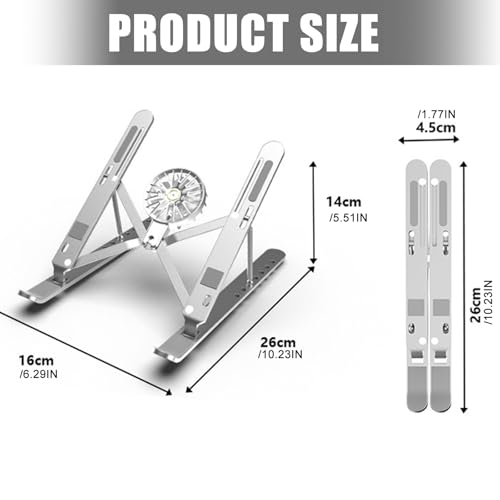Aluminum Laptop Stand with Cooling Fan 7 Heights Adjustable Foldable Ergonomic Computer Holder for Notebook and Tablets - color: Silver