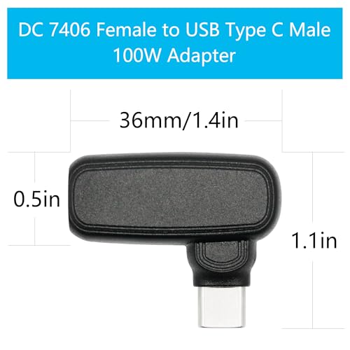 90 Degree 100W DC 7.4mm x 0.6mm Power Adapter, Input 15 - 20.5V, PD Chip | Right Angle DC 7406 Female to USB Type C Male PD Plug, Built in PD Intelligent Chip Quick Identification V/A, for USB C Port - style: DC 7406 Female to USB Type c Male - 100W