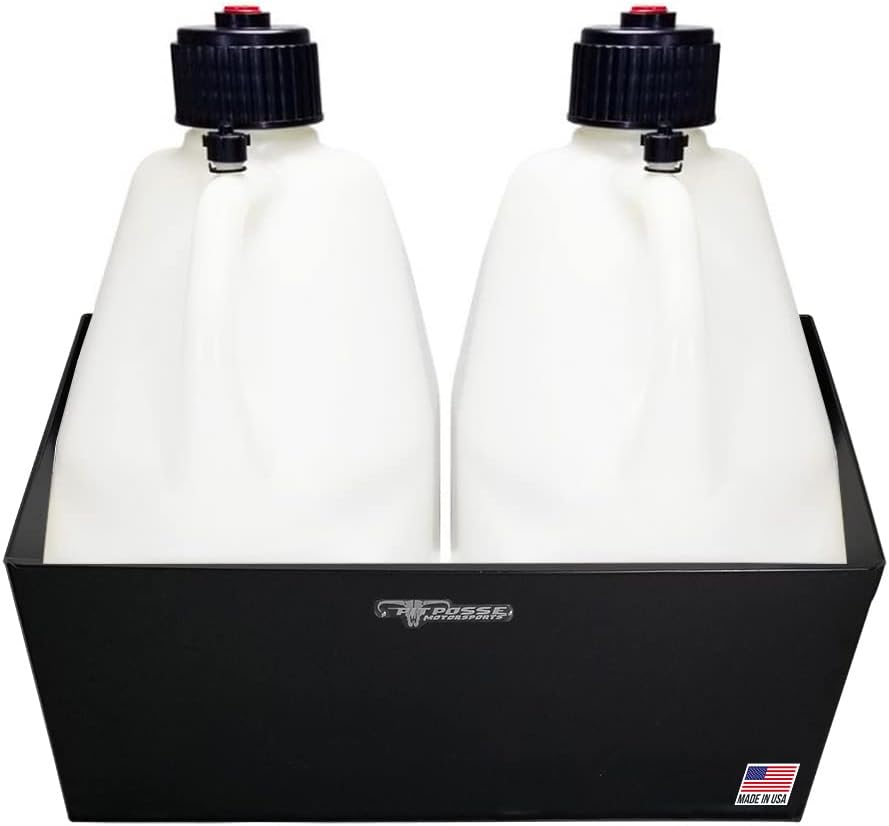 Pit Posse Double Utility Jug Holder Organizer Storage Rack - Made in USA - Holds 2 Five Gallon Utility Jug Containers - Anti-Rusting Aluminum - Garage Shop Enclosed Race Trailer (Black)