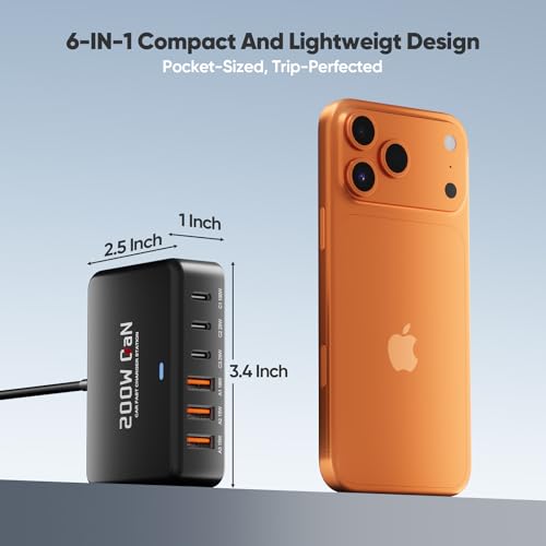 USB C Car Charger, 200W GaN 6-Port USB C Car Charger for MacBook Pro/Air, Dell/Lenovo Laptop, PD3.0/PPS for iPhone 17/16/15 Series, iPad, Samsung Galaxy S25 Ultra / S24 Series and More