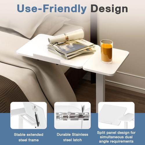 DUMOS Adjustable Bedside Overbed Table with Wheels, White | Laptop Standing Desk with Tilting Top Height, Mobile Rolling Computer Cart for Hospital Home Bedroom Use - color: White, size: 27.5" x 15.7" x 43.3"