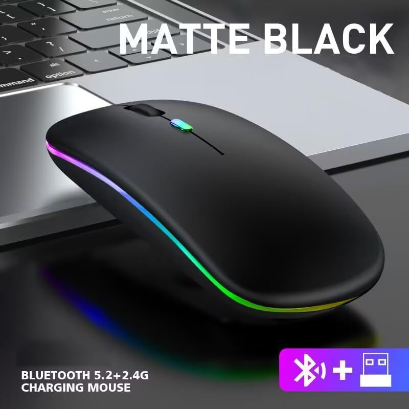 2 Pack Wireless Bluetooth Mouse,LED Dual Mode Rechargeable Silent Slim Laptop Mouse,Portable(BT5.2+USB Receiver) Dual Mode Computer Mice,for Laptop,Desktop Computer,ipad Tablet,Phone,TV (Black) - color: 2 pack black