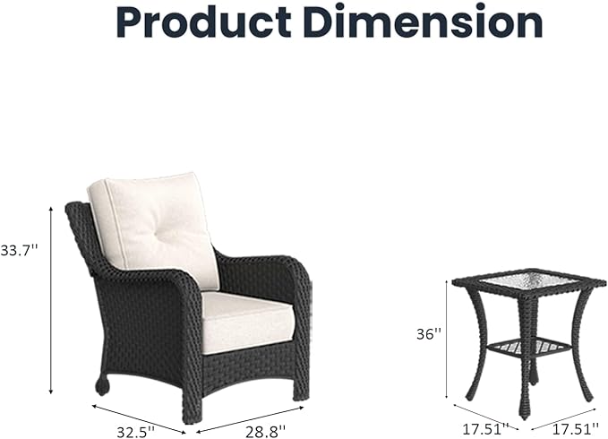 3 Pieces Outdoor Patio Furniture Sets with Single Chairs with 6-inch Thick Cushion and Side Table for Deck Lawn