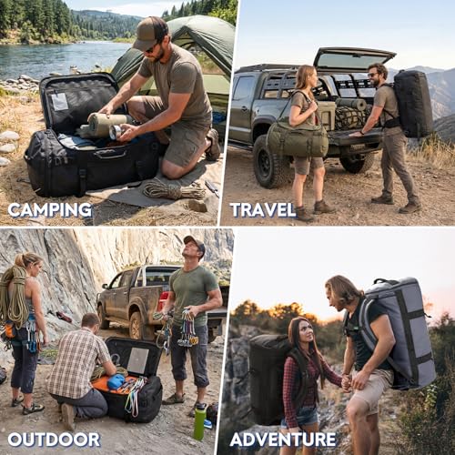 Haimont Heavy Duty Convertible Travel Duffel Backpack, Black, 60L | Shoe Compartment, Water-Resistant Tarpaulin, Wide U-Shaped Opening - color: Black, size: 60L