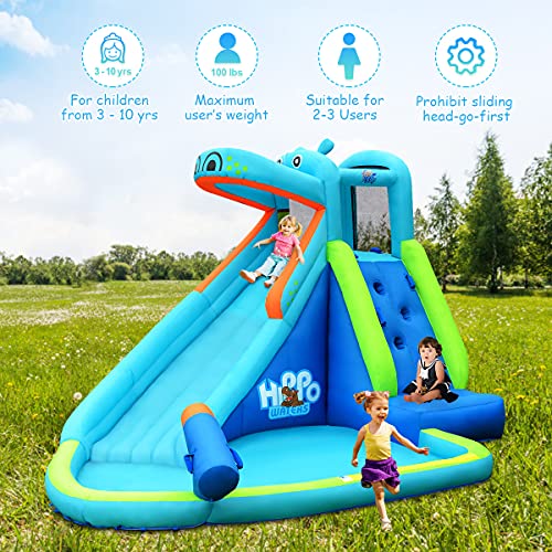OLAKIDS Inflatable Water Slide, Hippo Themed Bounce House Water Park with Slide Splash Pool Climbing Wall Water Gun, Outdoor Inflatable Obstacle Course Jumping Castle for Kids Backyard - style: without Blower