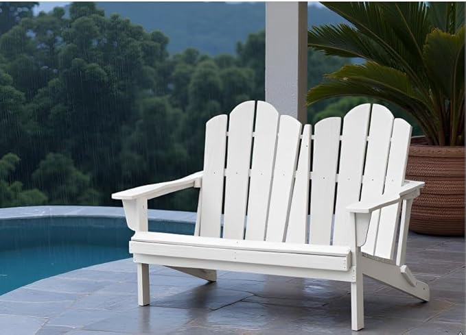 SERWALL Folding Adirondack Bench, HDPE All-Weather Adirondack Loveseat, 660 lbs Capacity, Foldable Outdoor Patio Bench for Deck, Lawn, Garden, White