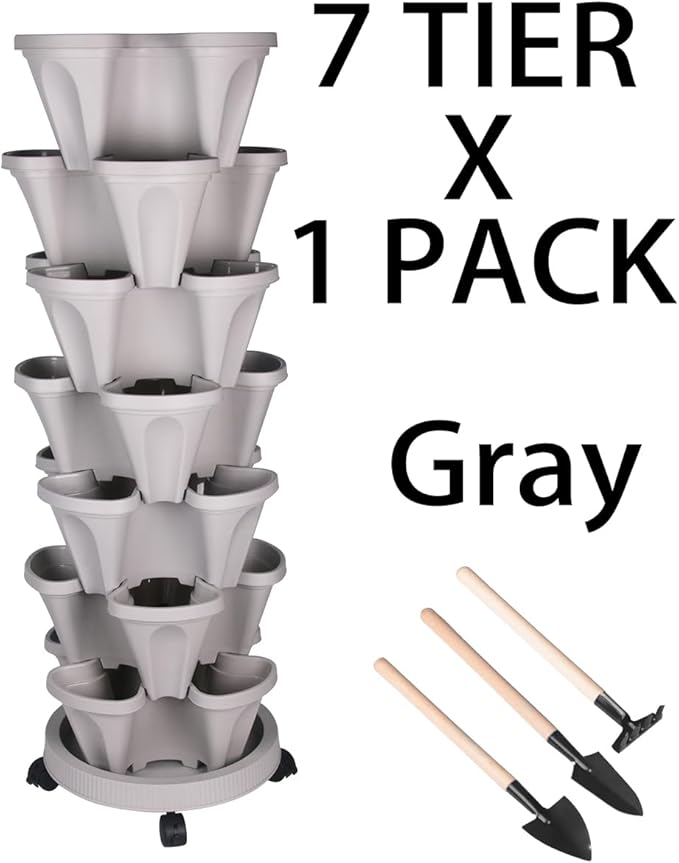 Vertical Planter 7 Tier Stackable Planters Garden Planters Strawberry Herb Flower and Vegetable Planter Indoor Outdoor Gardening Pots with Removable Wheels and Tools