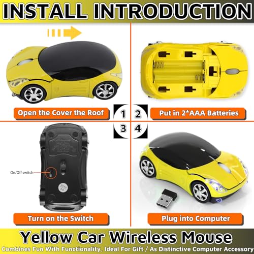 Yellow Wireless Mouse,Car Mouse 1600DPI 2.4G with USB Reciver for Computer Wireless Computer Mouse Wireless Cute Wireless Mouse for Mac OS Windows for Laptop Tablet(Yellow) - color: YELLOW