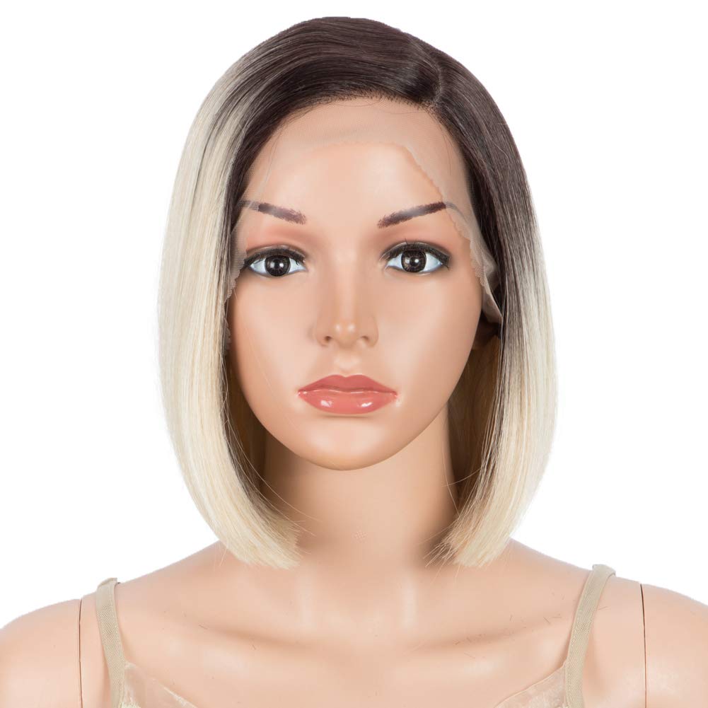 D But Short Bob Lace Front Wig Synthetic Ombre Black Blonde 2 Tones Color Side Part Wigs For Daily Use Cosplay Party High Tempe