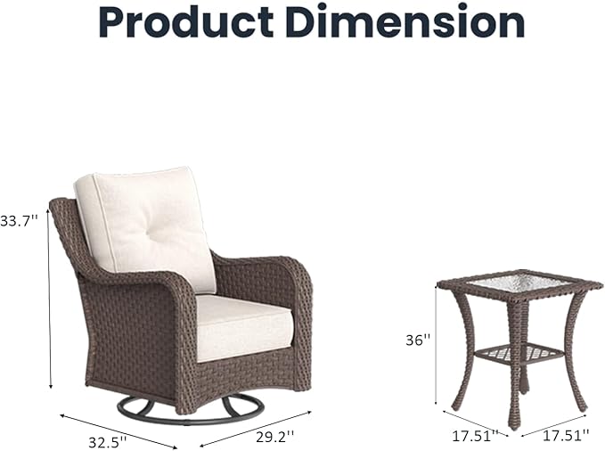 3 Pieces Outdoor Patio Furniture Sets with Rocking Swivel Chairs with 6-inch Thick Cushion and Side Table for Deck Lawn
