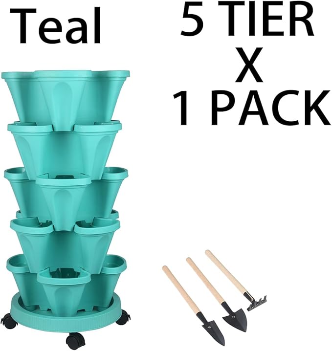 Vertical Planter 5 Tier Stackable Planters Garden Planters Strawberry Herb Flower and Vegetable Planter Indoor Outdoor Gardening Pots with Removable Wheels and Tools