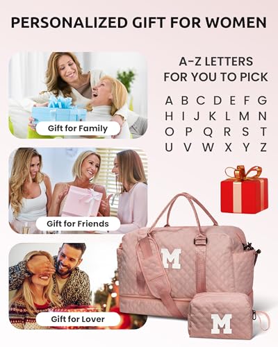 Initial Duffle Bag with Shoe Compartment,Personalized WeekenderBag | with Shoulder Strap, Monogram Overnight Bag for Women with Trolley Sleeve & Wet Pocket, Letter Travel Bag with Makeup Bag - color: Pink, style: J