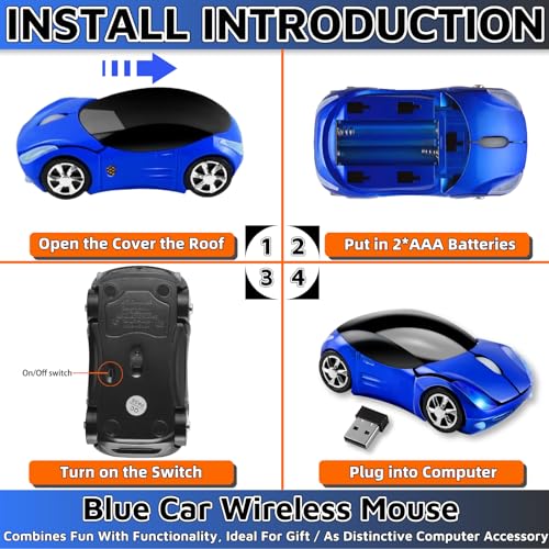 Blue Mouse,Cute Wireless Mouse 1600DPI 2.4G with USB Reciver Car Mouse for Computer Laptop Tablet for Mac OS for Windows(Blue) - color: BLUE