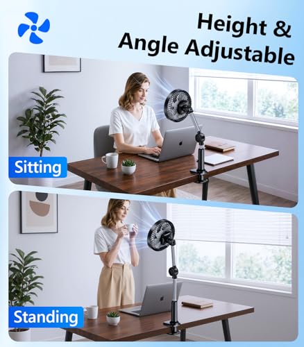 Adjustable Arm Clip On Fan for Desk, Gooseneck Clamp Fan, 3000mAh Battery | 3-Speed Quiet Desk Fan with Strong Clamp, Flexible 360° Arm Adjustment for Office, Bedroom, Dorm, Gaming Desk & Home(Black - color: Black