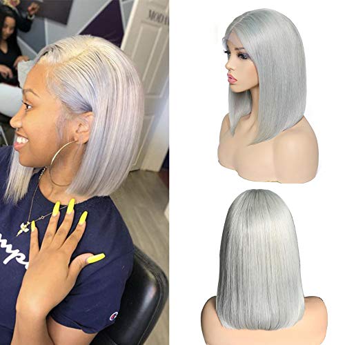 Grey Human Hair Lace Wig Silky Straight Grey Colored Glueless Bob Pre Plucked Virgin Human Hair Middle Part 16'' 180% Density 13