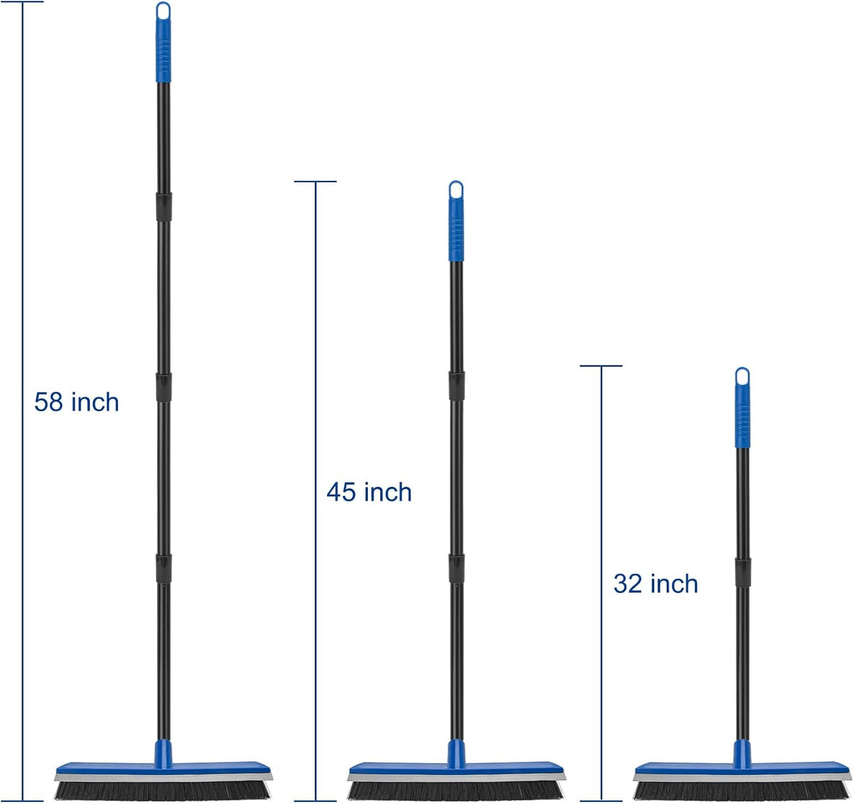 16 Inch Push Broom Outdoor 2 in 1 with Rubber Squeegee and Stiff Bristle Deck Brush 58" Long Handle for Deck Patio Garage Warehouse Driveway Concrete Floor Cleaning Scrubbing(Blue)