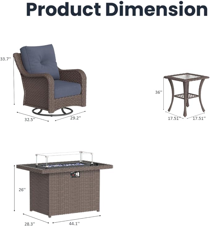 7 Pieces Outdoor Patio Furniture Sets with Rocking Swivel Chairs with 6-inch Thick Cushion and Fire Pit Table for Deck Lawn
