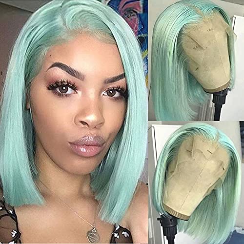 Virgin Human Hair Wigs Glueless Middle Part Silky Straight Hair Wigs Mint Green 180% Density 8 Inches 13X4 Frontal Pre Plucked N