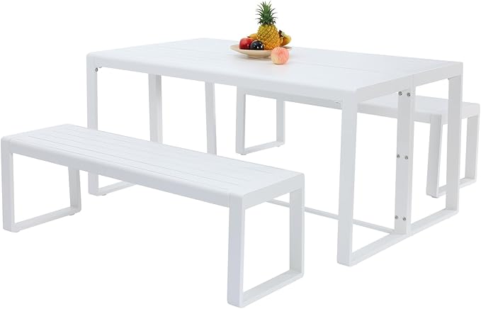 Aoodor 3-Piece Outdoor Patio Dining Set, Aluminum Furniture Set with 1 Rectangular Picnic Table and 2 Benches for Garden, Lawn, Yard