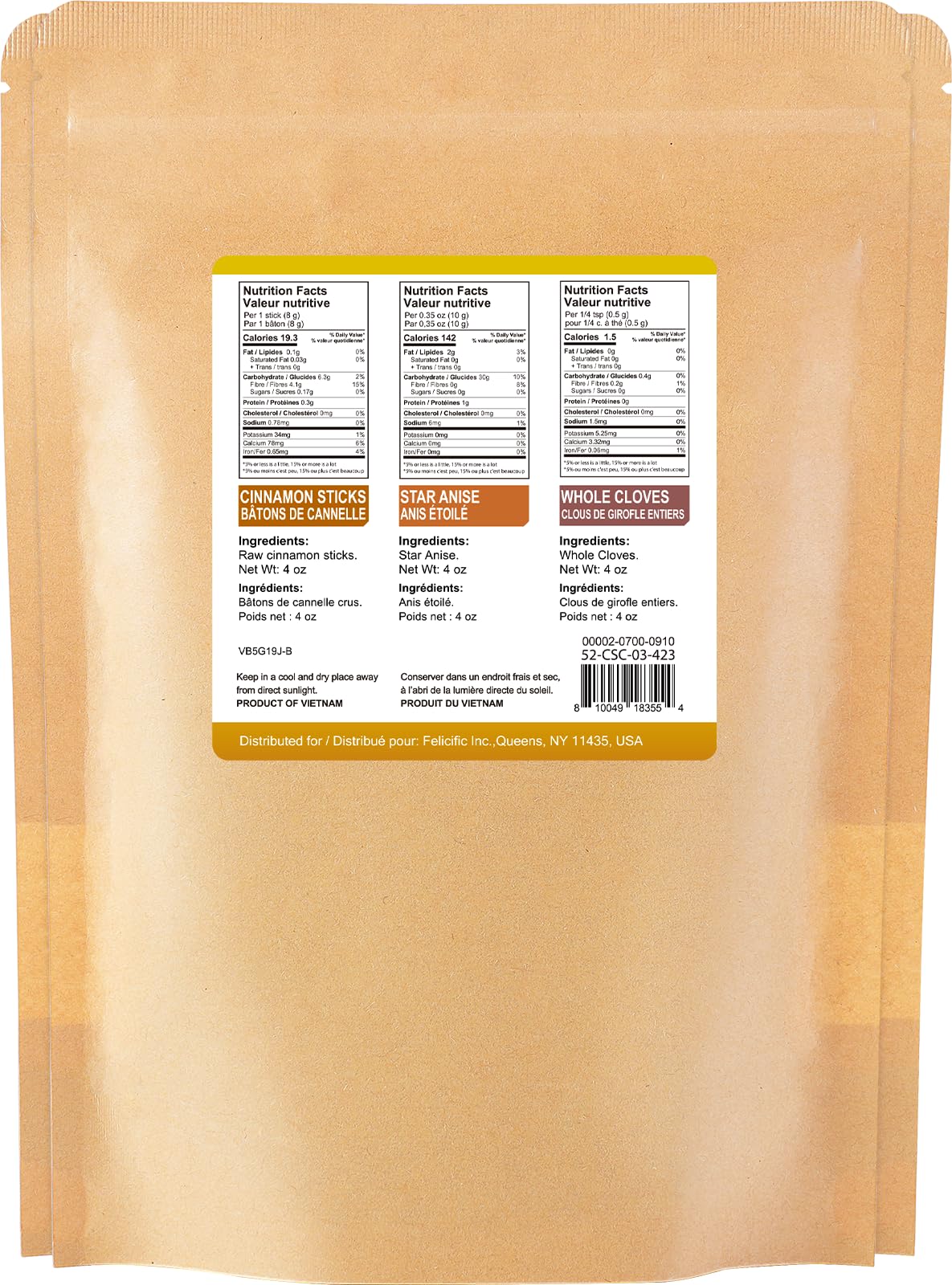 52USA Cinnamon Sticks, Star Anise & Whole Cloves – 4oz Each All-Natural Spice Set