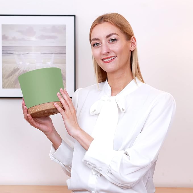 ZMTECH Plant Pots, Set of 6 6.5'' Self Watering Plastic Planter with Drainage Hole and Saucer,Modern Decorative Flower Pot for Indoor Outdoor House Plants, Succulents, Flowers - Green