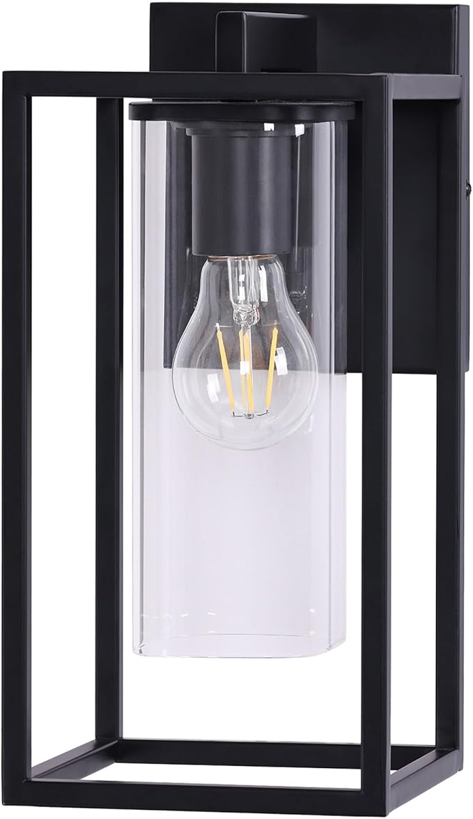 Pia Ricco Outdoor Wall Lights, Black Outdoor Wall Lantern with Square Clear Glass Shade, Waterproof Exterior Lighting Fixtures, Modern Front Porch Lighting for House, Garage, E26 Base, ETL Listed