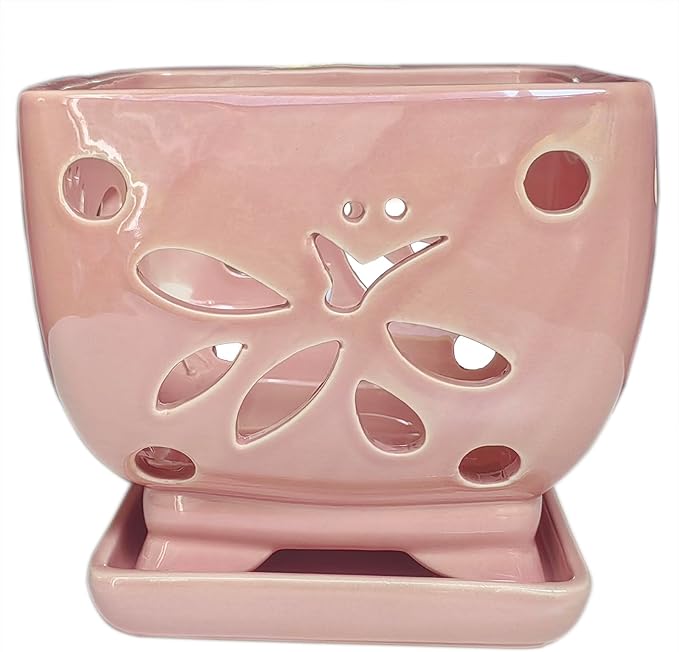 Orchid Pots with Holes Square Ceramic Orchid Planter Pots 5.5 inch (Pink)