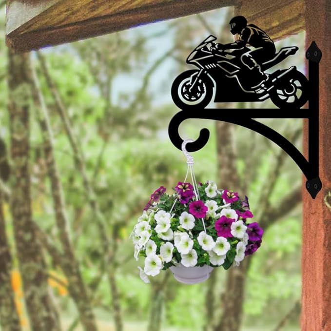peacoblue Iron Plant Hangers Hooks for Outdoor Indoor Hanging Plants Flower Fern Pots Lantern Bird Feeder,11.8"x15.1" Weather Resistant Metal Wall Holder for Porch Garden Farmhouse(Motorcycle)