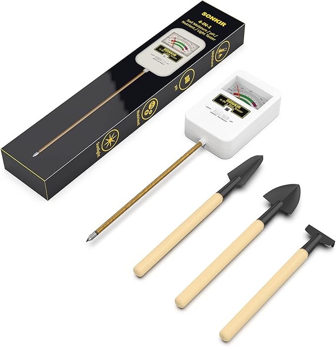 Soil Moisture Meter, 4-in-1 Soil Ph Meter, Soil Tester for Nutrients, Moisture, PH and Light, Soil Ph Test Kits for Plant, Great for Garden, Lawn, Indoor & Outdoor Use (No Battery Required)