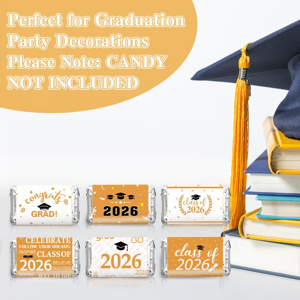 Graduation Party Decorations 2026 Graduation Label Stickers, 240PCS Congrats Grad Mini Gold White Candy Wrapper Class Of 2026 Chocolate Bar Stickers