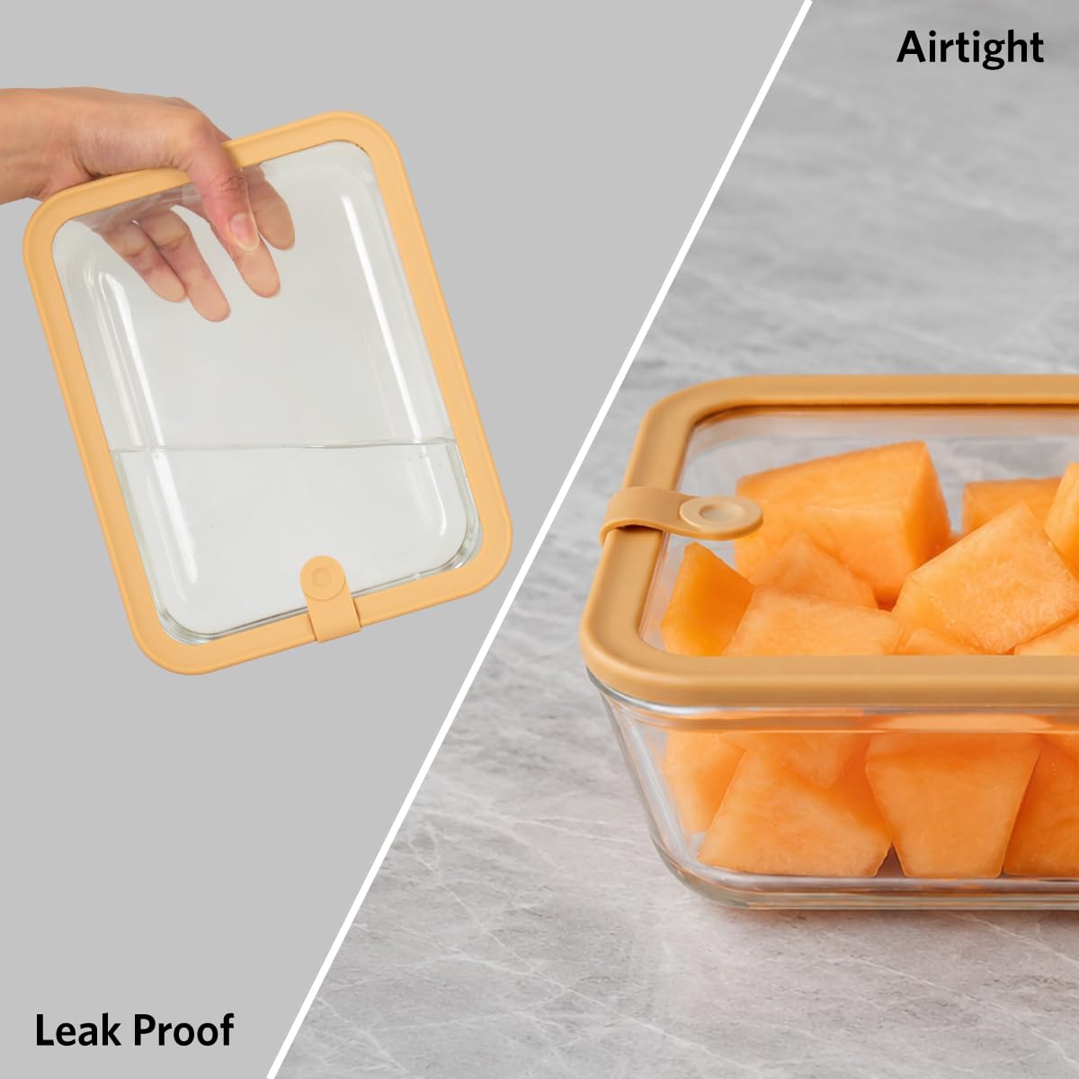 Glad Glass Food Storage Containers, Set of 3 - Airtight Vacuum Sealed Steam Vent Lids - Rectangular Borosilicate Glass Dishes with Ombre Green Lids - Assorted Sizes for Meal Prep & Leftovers, Brown