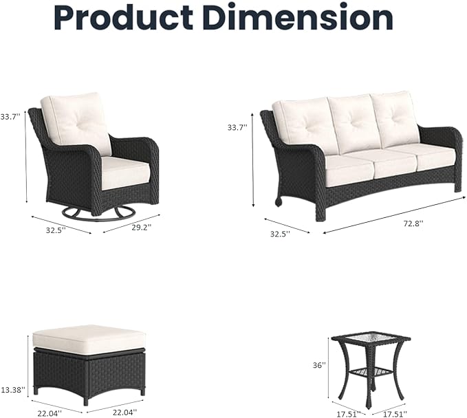 9 Pieces Outdoor Patio Furniture Sets with Rocking Swivel Chairs with 6-inch Thick Cushion and Side Table for Deck Lawn