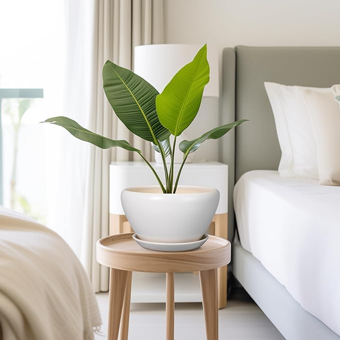 Ceramic Planter - 9 Inch Plant Pot Indoor with Drainage Hole and Saucer for Outdoor Plants Mid-Century Round Planter Modern Flower Pot for House Garden White