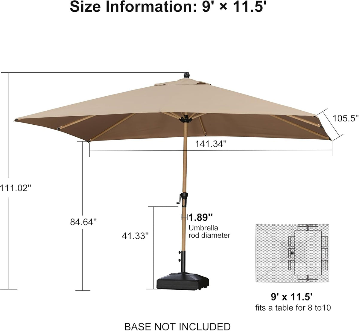 PURPLE LEAF 9' x 11.5' Patio Umbrella Outdoor Table Umbrella Rectangular Aluminum Market Umbrella with 8 Sturdy Ribs & Crank Outdoor Umbrellas for Garden Deck Patio, Taupe