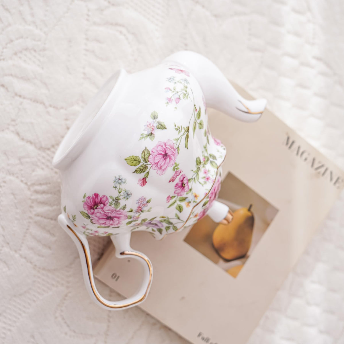 Cozierlavie Small Ceramic Floral Teapot,22oz Tea Pot with Infuser for Blooming and Loose Tea, Coffee,milk(Pink and purple flowers, With tea strainer)