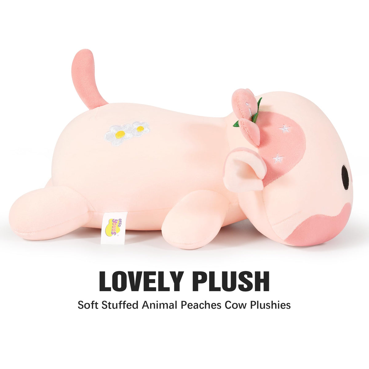 Onsoyours Cute Cow Plushie, Soft Stuffed Peach Cow Squishy Plush Animal Toy Flower Cow Pillow for Kids (Peach Cow, 12")