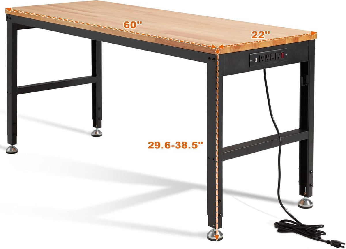 Haddockway Adjustable Workbench for Garage, 60" x 22" Rubber Wood Top Worktable with Power Outlets, Max 2000 Lbs Load Capacity Heavy Duty Workstation for Workshop Office Home (Black Frame, 60in)