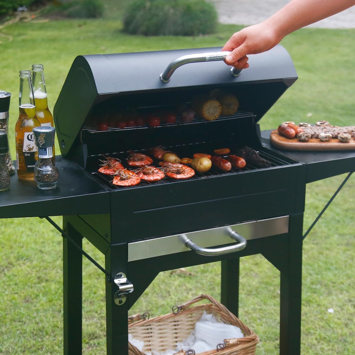 MASTER COOK Charcoal Grill with Two Side Tables, Heavy-duty Steel Barbecue BBQ Grill for Outdoor Picnic Backyard Patio and Parties, 43"*38"*17"