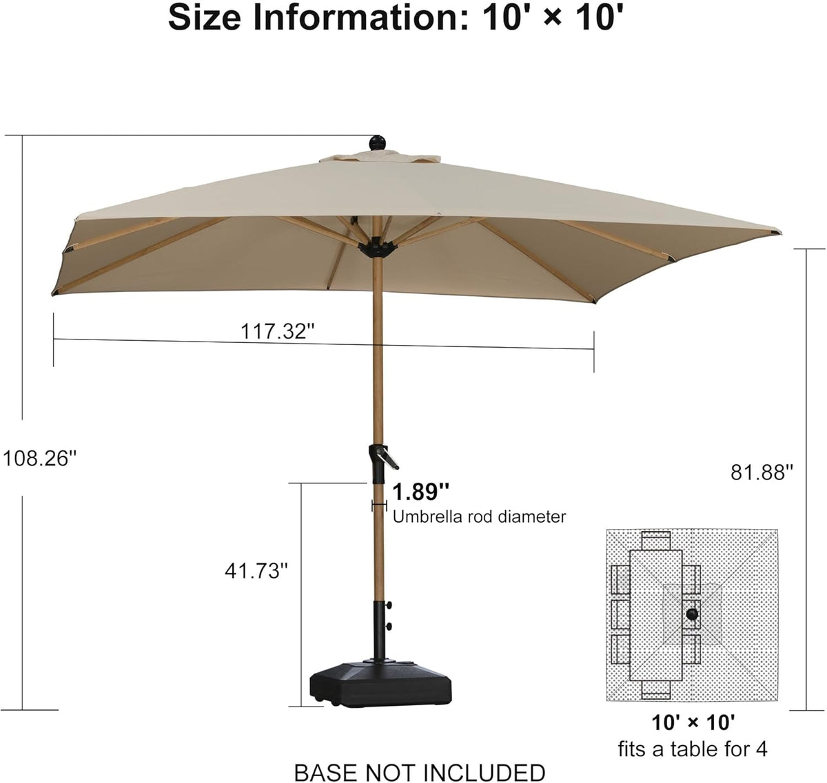 PURPLE LEAF 10' x 10' Square Patio Umbrella Outdoor Table Umbrella Aluminum Market Umbrella with 8 Sturdy Ribs & Crank Outdoor Umbrellas for Garden Deck Patio, Beige