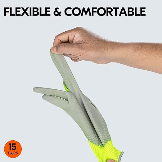 Vgo... 15-Pairs Safety Work Gloves, Gardening Gloves, Polyurethane Coated, Dipping Gloves, Latex Free (Size L, Yellow, PU2103)