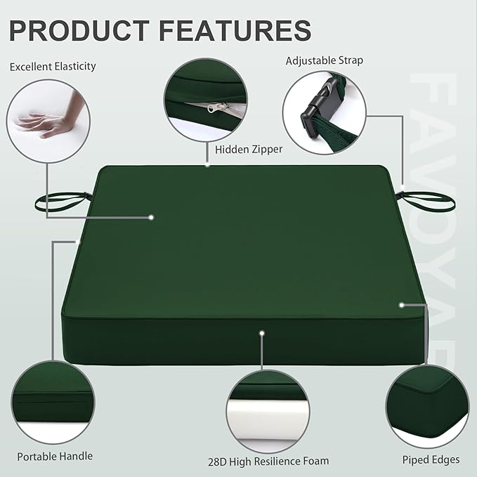 Favoyard Patio Chair Cushions 18.5 x 16 x 3 Inch Waterproof Outdoor Seat Cushions for Patio Furniture 3-Year Color Fastness Garden Sofa Couch Chair Pads with Handle & Adjustable Straps Set of 2, Green