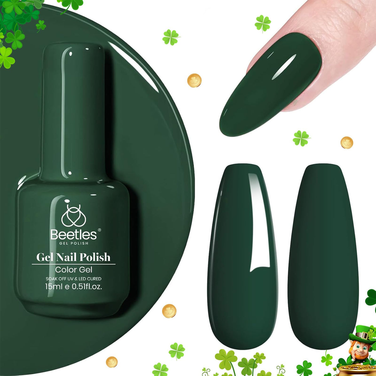 Beetles Green Gel Nail Polish 15Ml 0.51 Fl Oz Dark Green Gel Nail Polish Soak Off U V Led Nail Lamp Gel Polish Nail Art Manicure
