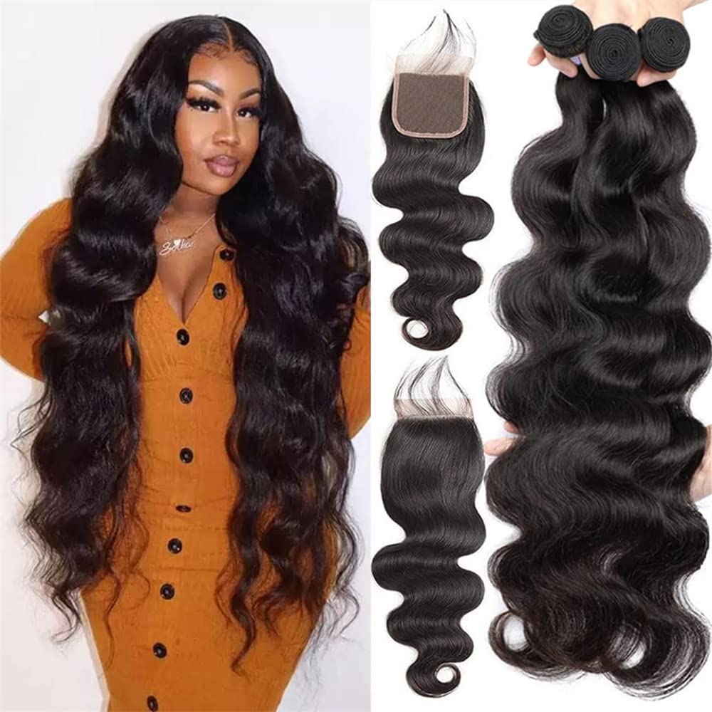 12A Body Wave Bundles With Closure For Black Women(22 24 26+20)100% Unprocess Human Hair 3 Bundles With 4X4 Lace Closure Braziia