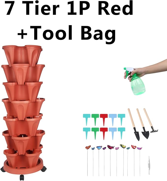 Vertical Planter, 7 Tier Stackable Strawberry Planter with Garden Tool Set, Movable Indoor/Outdoor Garden Herb Pot for Growing Vegetables and Succulents, Red