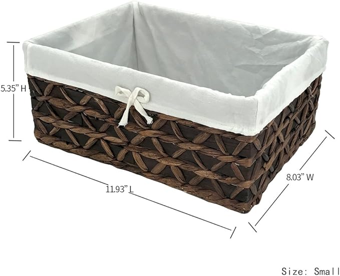 Basket of Rectangular Woven Seagrass Storage Bin with Handle,Kingwillow. (Wood&water hyacinth, Set of 3)