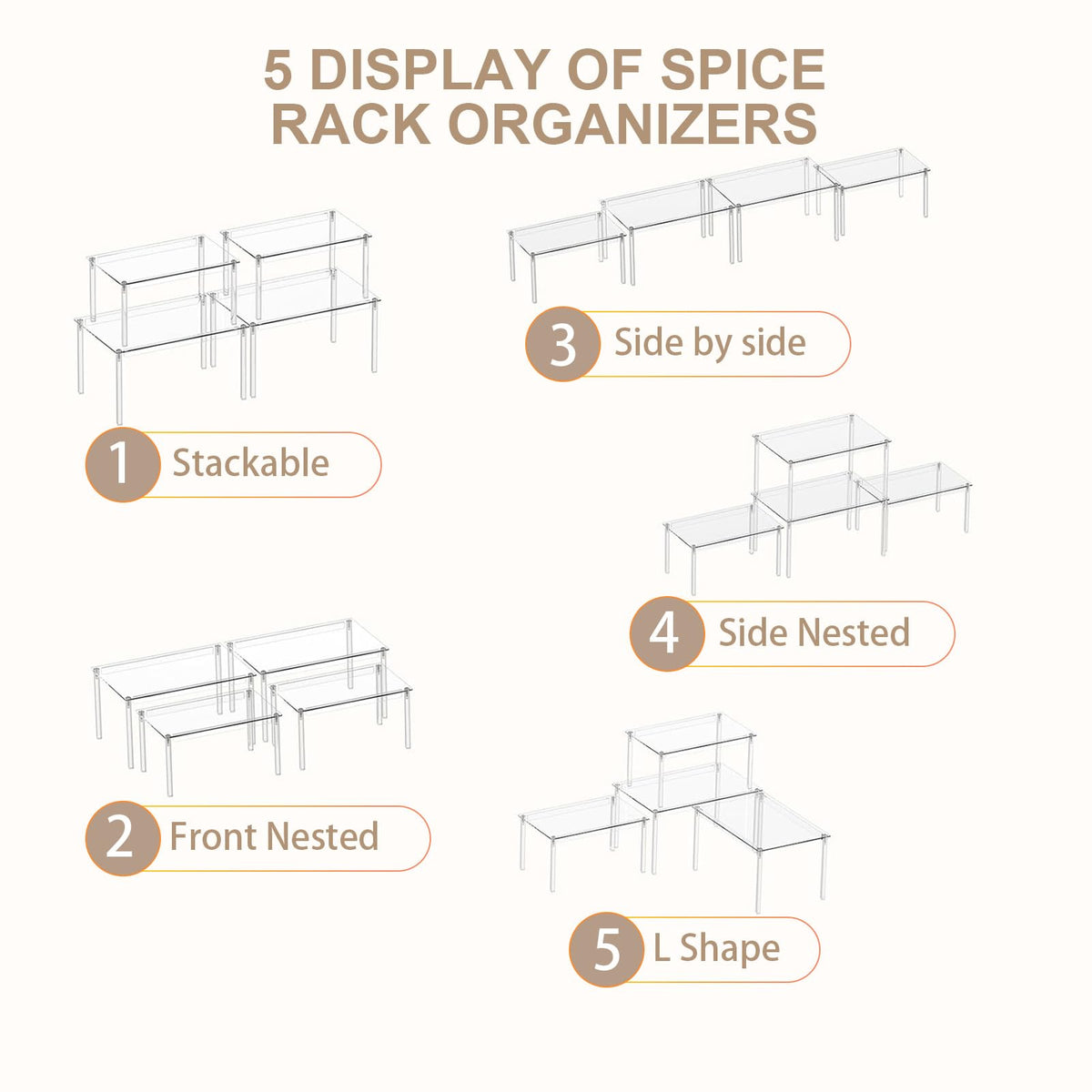 Clear Kitchen Cabinet Organizer, Set of 4 Acrylic Shelves, Spice Rack for Pantry Organizers and Storage, Tiered Spice Organization for Cabinet, Stackable Cabinet Organizer Shelf for Desk Countertop